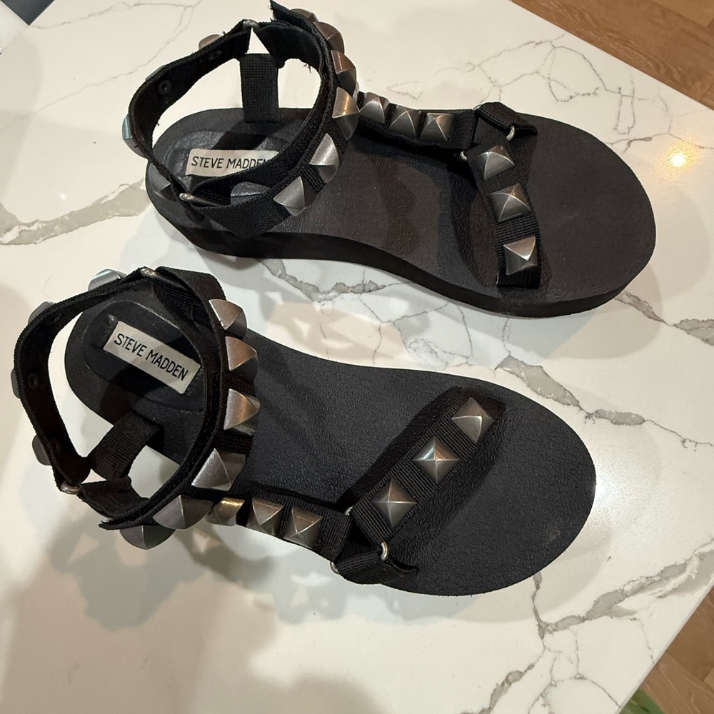 Steve Madden Black Pyramid-Stud Ankle Strap Sandals